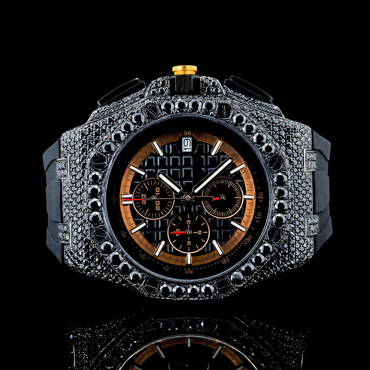 Unique Black Moissanite Dial Watch with Black Rubber Strap