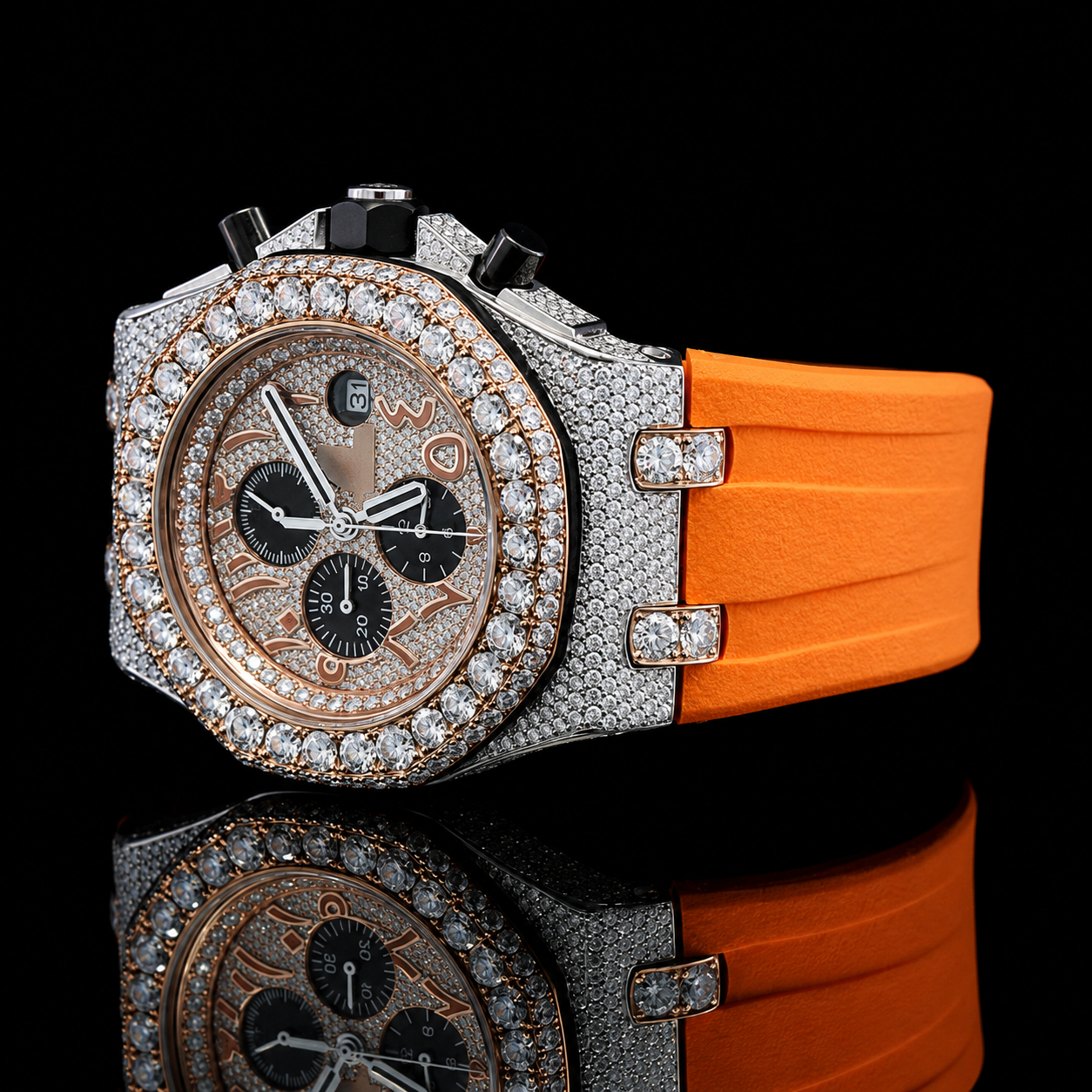 VVS Moissanite Dial Watch with Sport Orange Rubber Strap