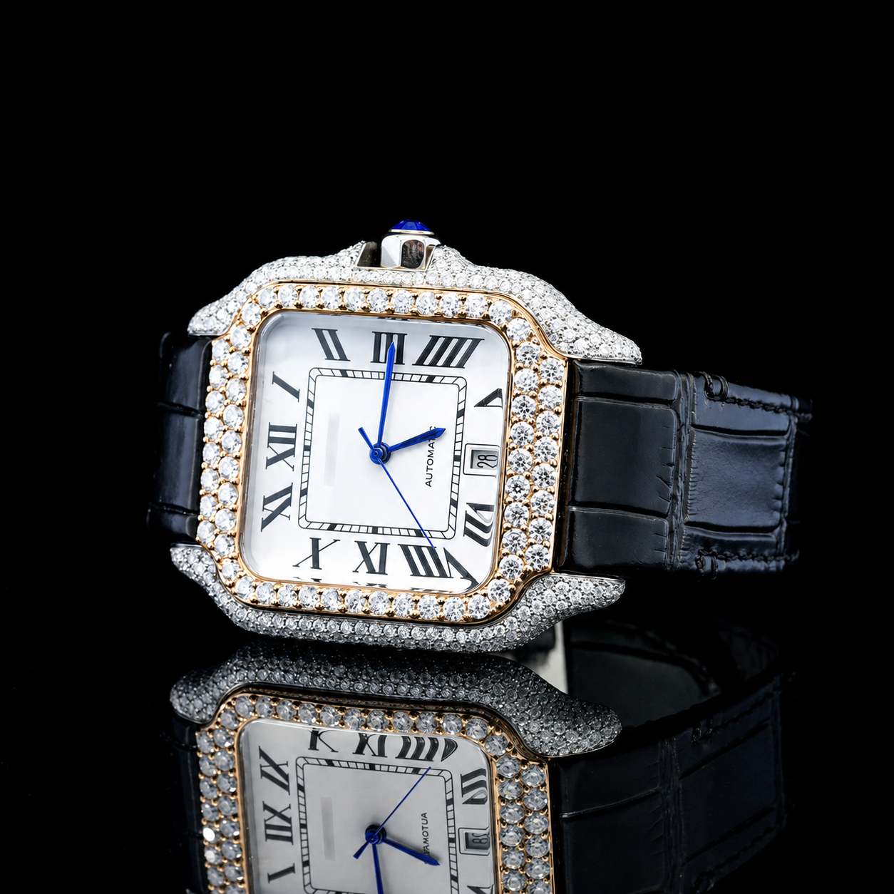 White Dial Moissanite bezel watch with Black Leather Belt