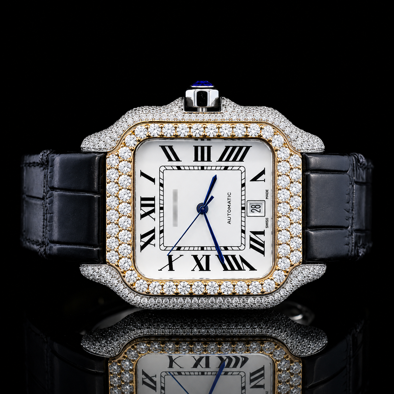 White Dial Moissanite bezel watch with Black Leather Belt - yellow gold