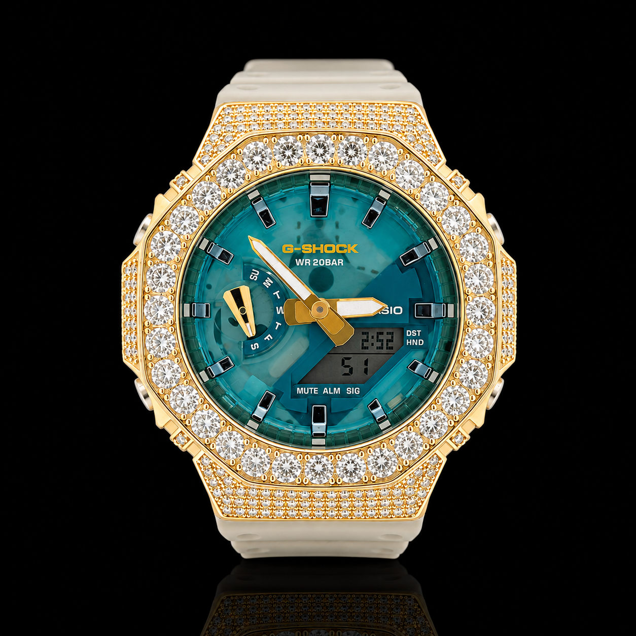 Iced-Out G-Shock GA-2100 Watch with Turquoise Dial - yellow gold