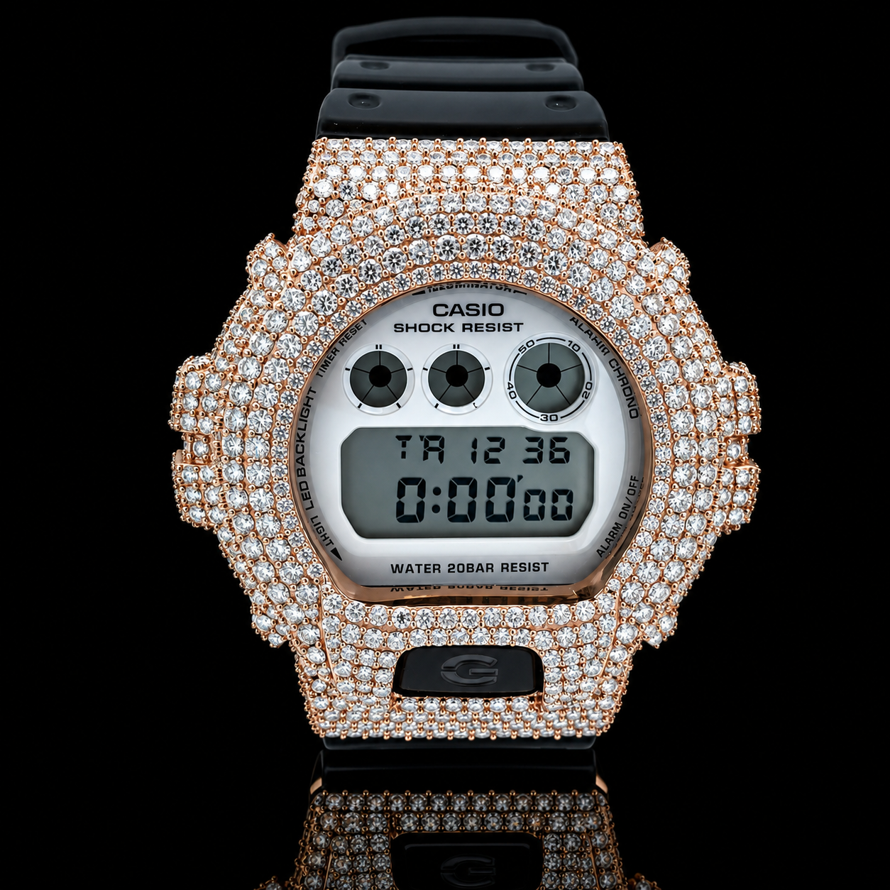 Iced out G-Shock Black DW-6900 with VVS moissanite - Rose Gold