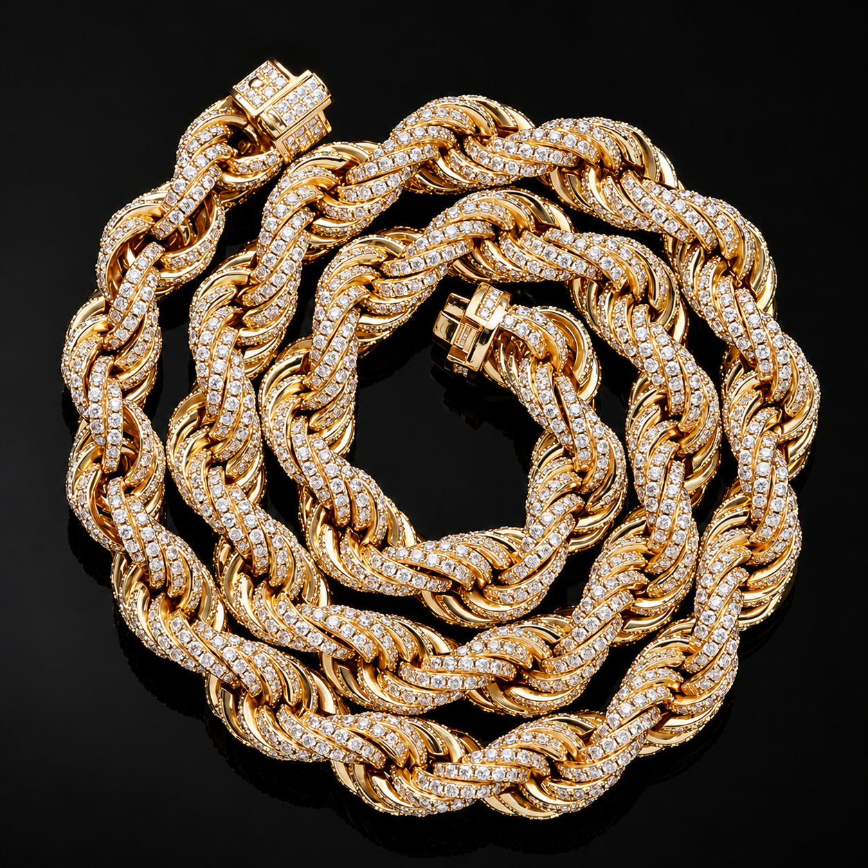 12mm Moissanite Rope Chain – 925 Sterling Silver -Yellow Gold