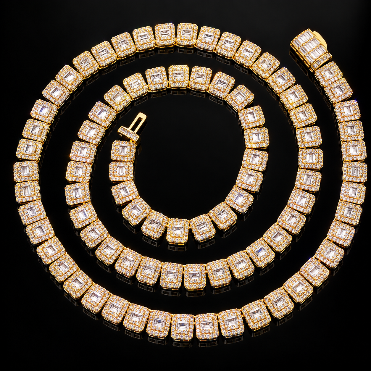8mm Baguette Moissanite Cluster Tennis Chain - Yellow Gold